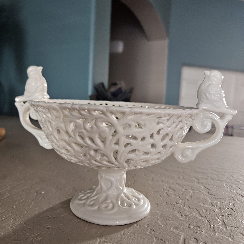 Vintage White Porcelain Bird Compote Bowl, Reticulated Pedestal Centerpiece